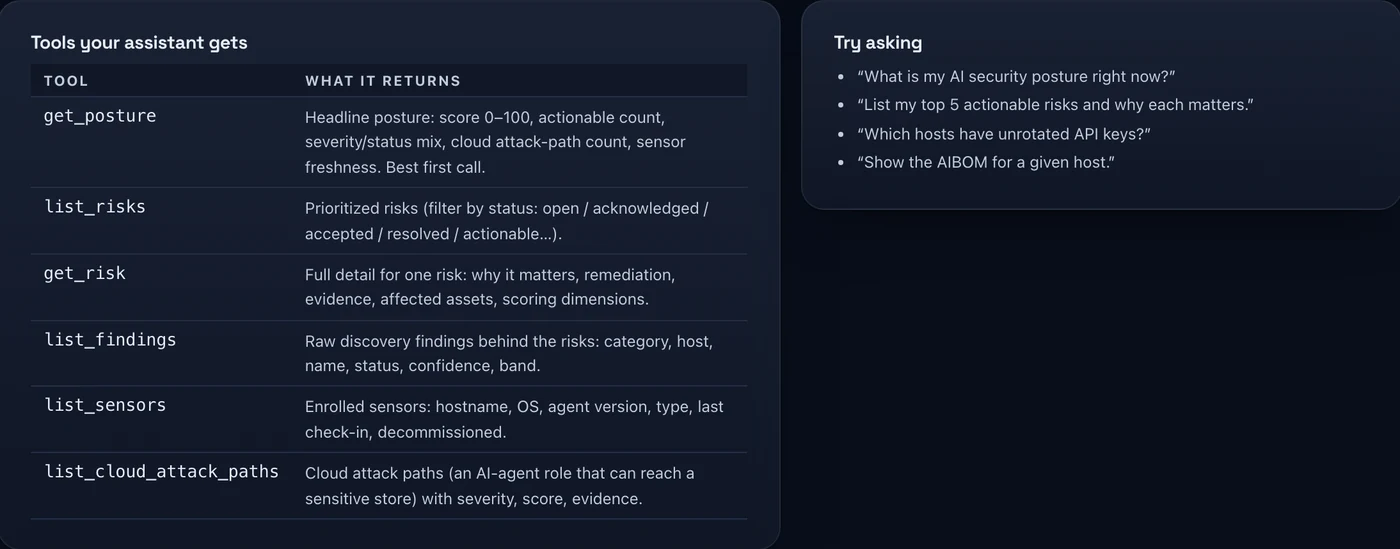 The Sargha MCP server page: the read-only tools an AI assistant gets, with what each returns, and four questions to try