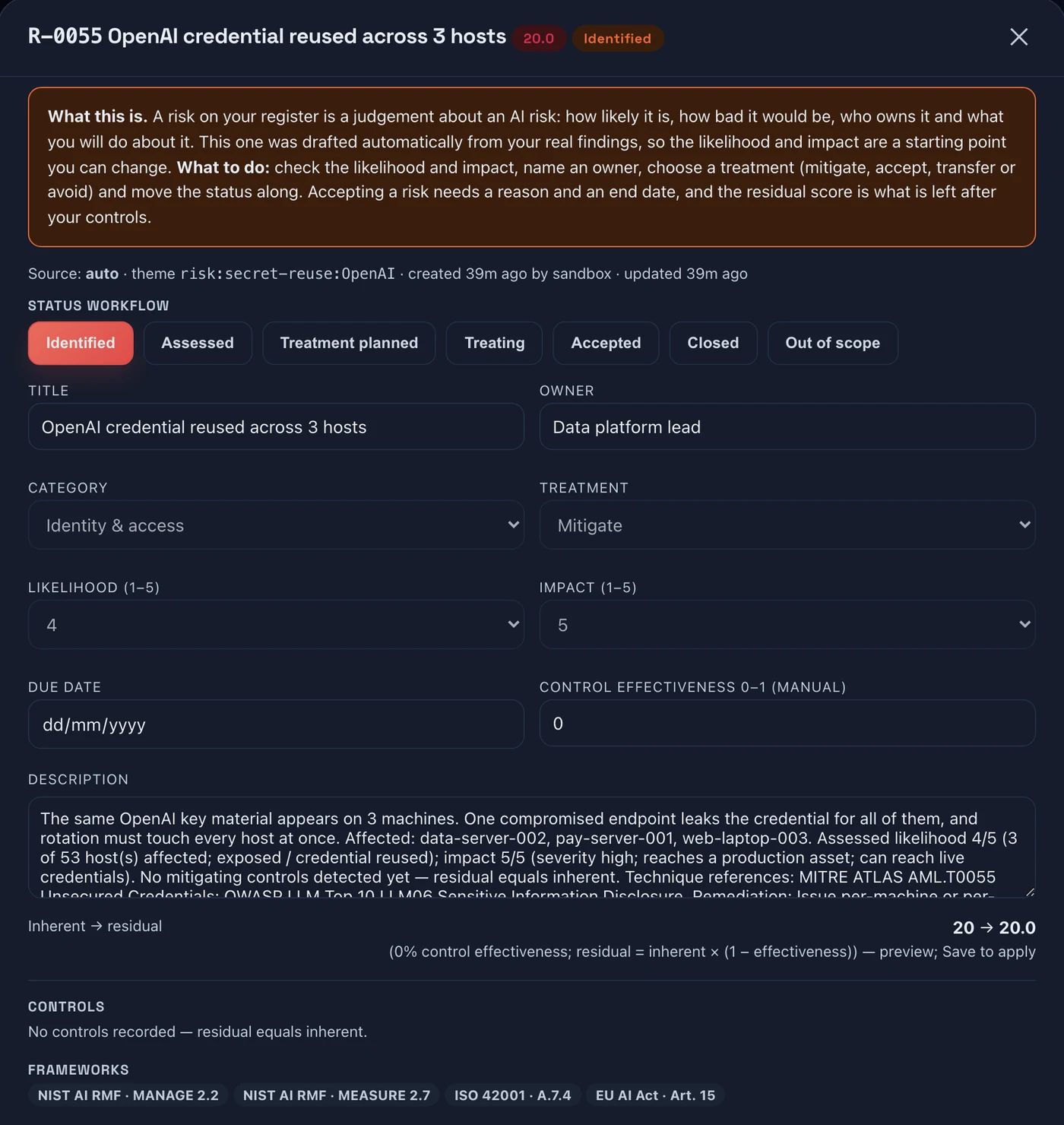 One risk on the Sargha register: title, score and status, the status workflow, owner, treatment, likelihood and impact, the inherent to residual score, recorded controls and the framework clauses it answers